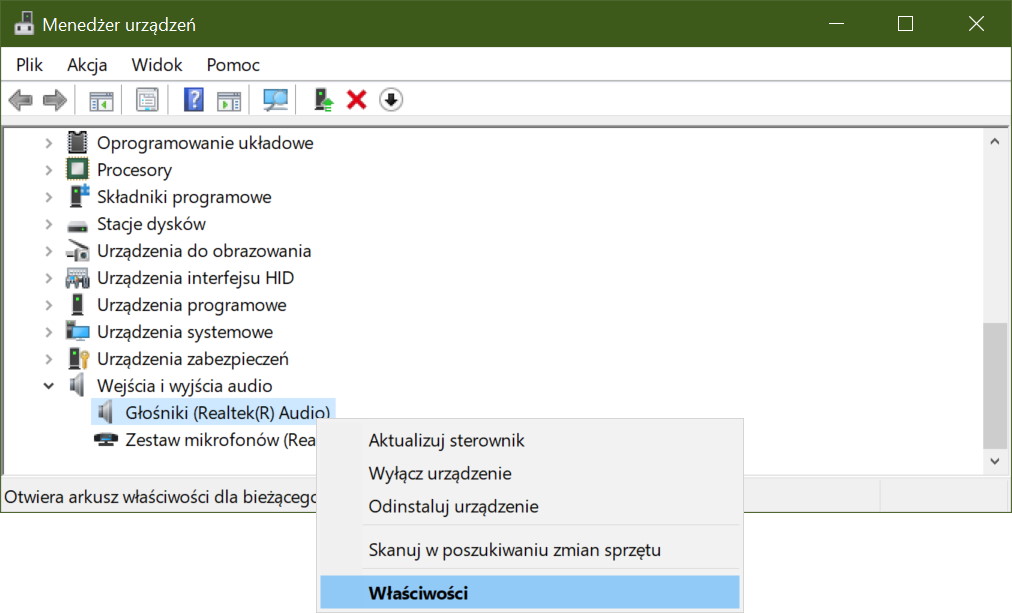 menedżer urządzeń audio w Windows