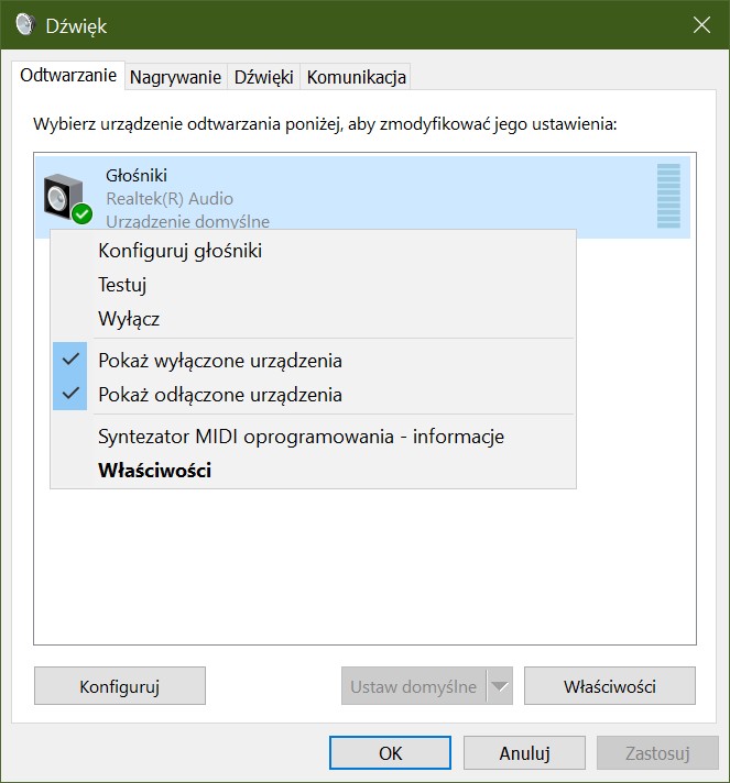 właściwości dźwięku w Windows