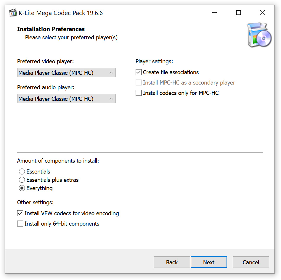 Instalacja kodeków K-Lite - ustawienia